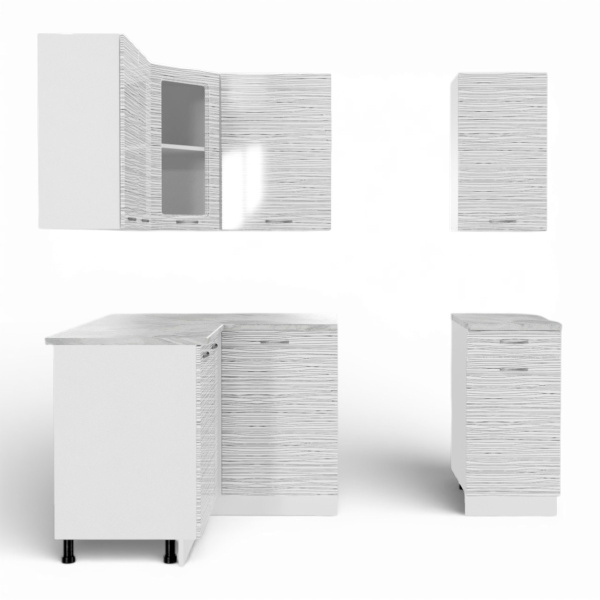 Кухонный гарнитур угловой Танго  №7 белый корпус Белый страйп (столеш Этория+сушка+планка)