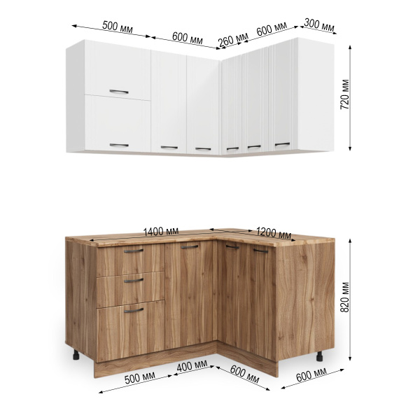 Кухня УГЛОВАЯ  Бари  Белый жемчуг/Тач Белый/Орех Антик (Столеш. Дуб Вотан)/1,4м