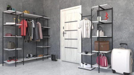 Вешалка Сиэтл напольная Двойная ветка с полкой Бетон пайн Белый/ Черный шелк