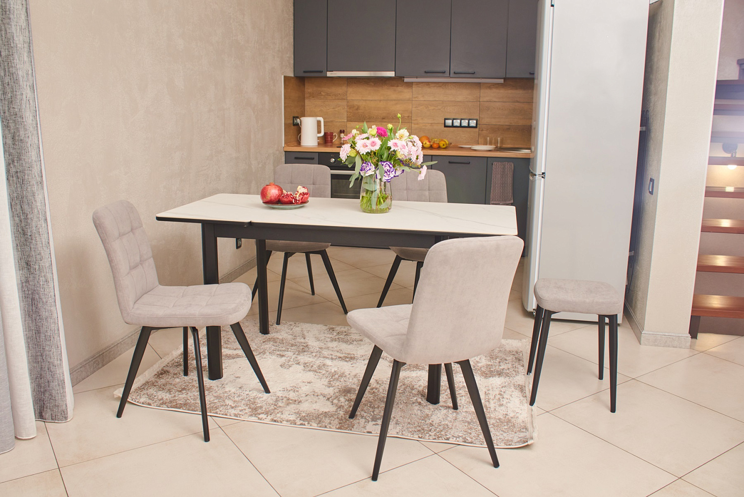 Стол Римини-1L, 110(+45)*700*750 царга черн./лам Светлый бетон +нога№9(черная)