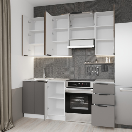 Кухня ПРАГА Серый Камень/ЭвоГлосс Тёмно Серый/ЭвоГлосс Империя/Этория (без мойки) 2.0м