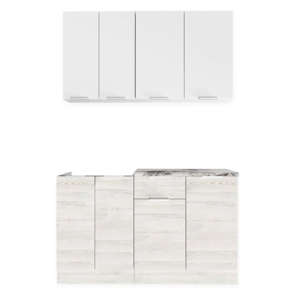 Кухня РЕГГИ Белый Жемчуг/Сосна Лофт/Альберика 1.4м + столешница + сушка + планка 