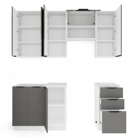 Кухня ПРАГА Серый Камень/ЭвоГлосс Тёмно Серый/ЭвоГлосс Империя/Этория (без мойки) 2.0м