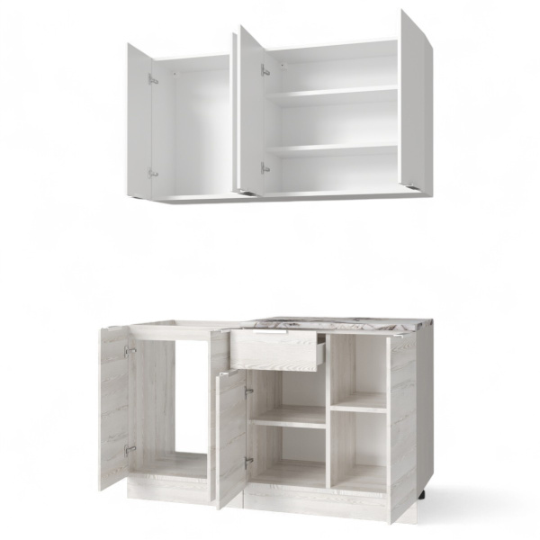 Кухня РЕГГИ Белый Жемчуг/Сосна Лофт/Альберика 1.4м + столешница + сушка + планка 