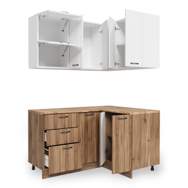 Кухня УГЛОВАЯ  Бари  Белый жемчуг/Тач Белый/Орех Антик (Столеш. Дуб Вотан)/1,4м