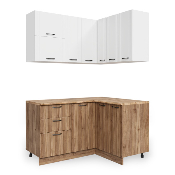 Кухня УГЛОВАЯ  Бари  Белый жемчуг/Тач Белый/Орех Антик (Столеш. Дуб Вотан)/1,4м