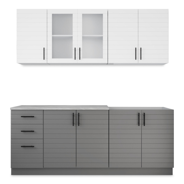 Кухня Комплект №9 Серый камень/ТАЧ БЕЛЫЙ/ТАЧ ГРАФИТ (столеш Олива+Планка)