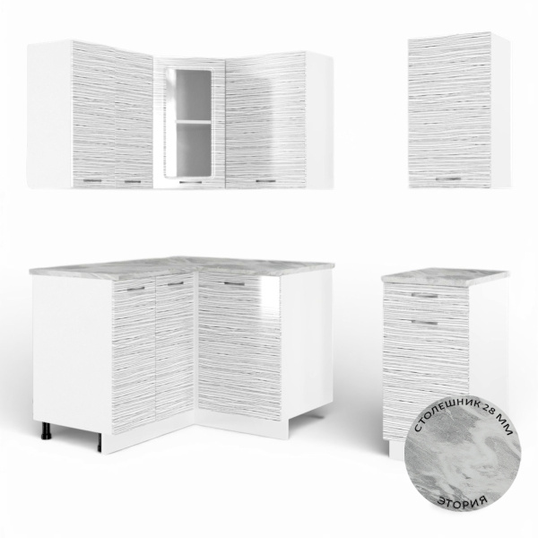 Кухонный гарнитур угловой Танго  №7 белый корпус Белый страйп (столеш Этория+сушка+планка)