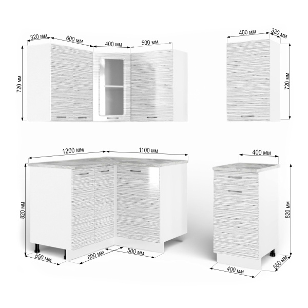 Кухонный гарнитур угловой Танго  №7 белый корпус Белый страйп (столеш Этория+сушка+планка)