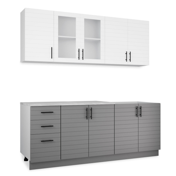 Кухня Комплект №9 Серый камень/ТАЧ БЕЛЫЙ/ТАЧ ГРАФИТ (столеш Олива+Планка)