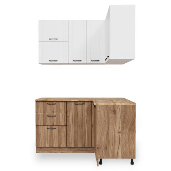 Кухня УГЛОВАЯ  Бари  Белый жемчуг/Тач Белый/Орех Антик (Столеш. Дуб Вотан)/1,4м