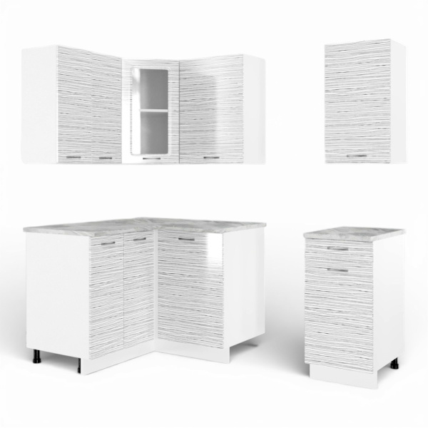 Кухонный гарнитур угловой Танго  №7 белый корпус Белый страйп (столеш Этория+сушка+планка)